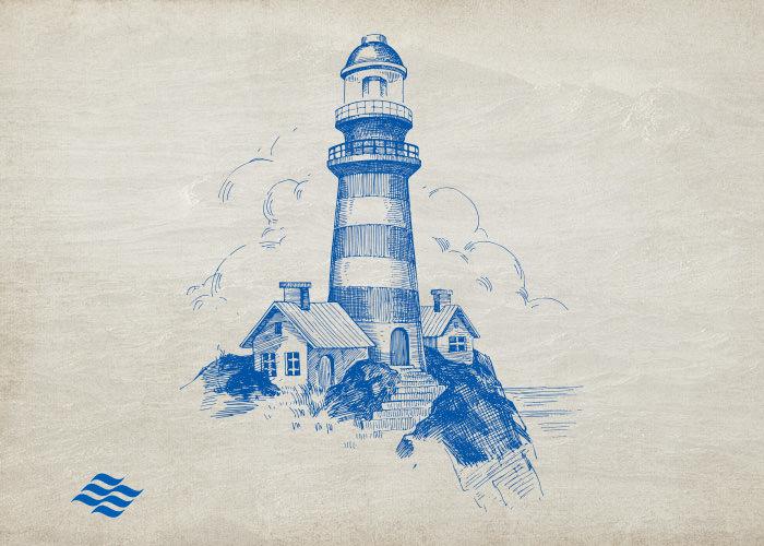blue lighthouse on parchment paper textured background