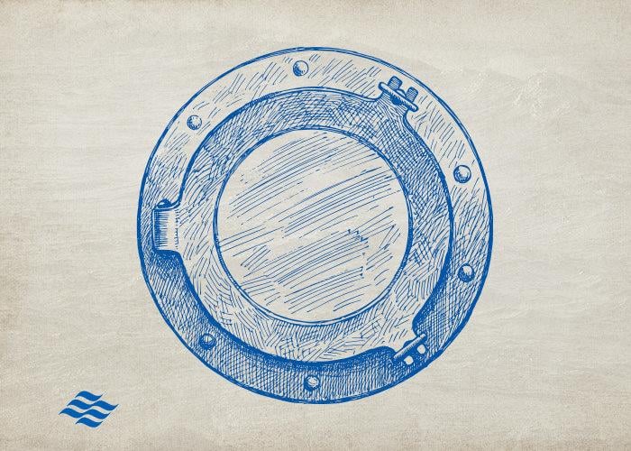 blue porthole on parchment paper textured background