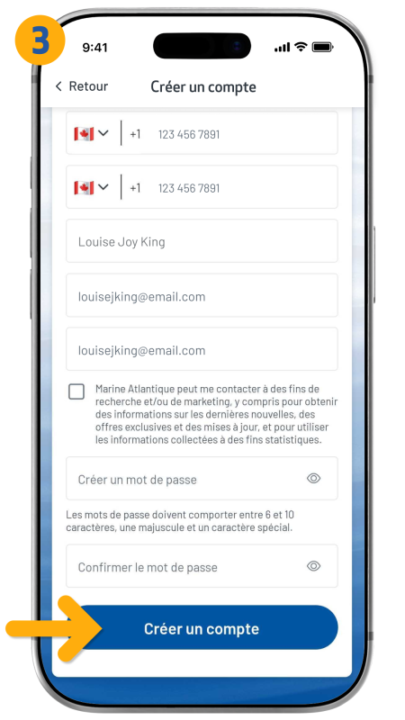 arrow pointing to create account button