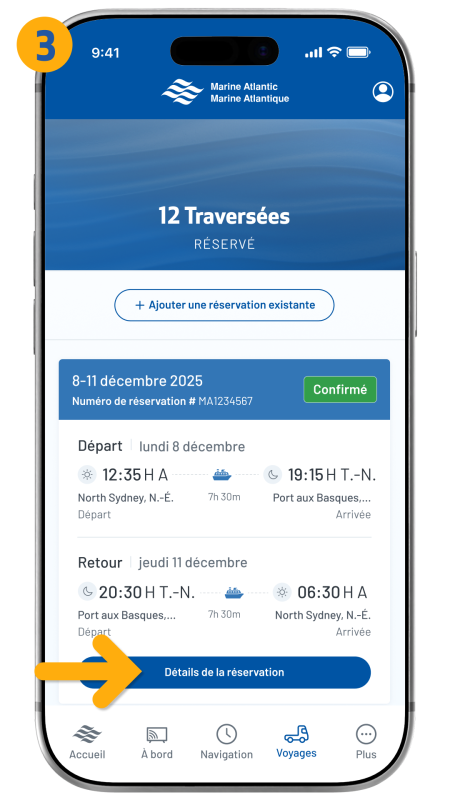 arrow pointing to booking details button