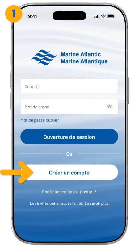 arrow pointing to create an account button
