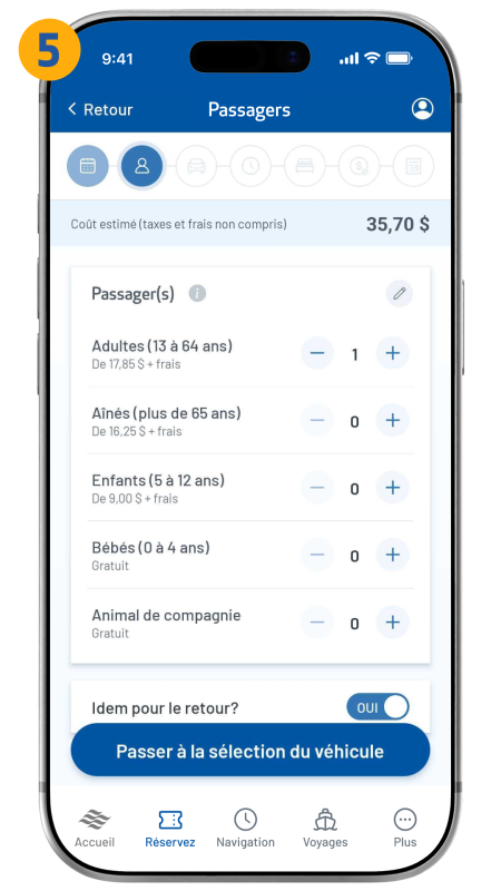 passenger selection screen shown