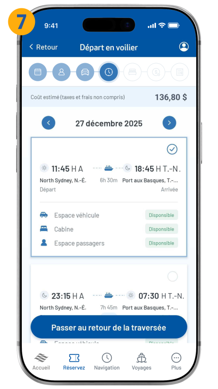 departure sailing screen shown