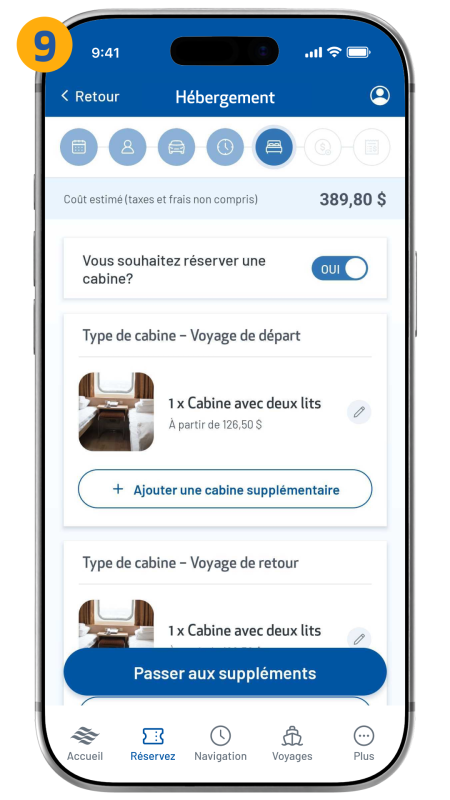 cabin selection screen shown