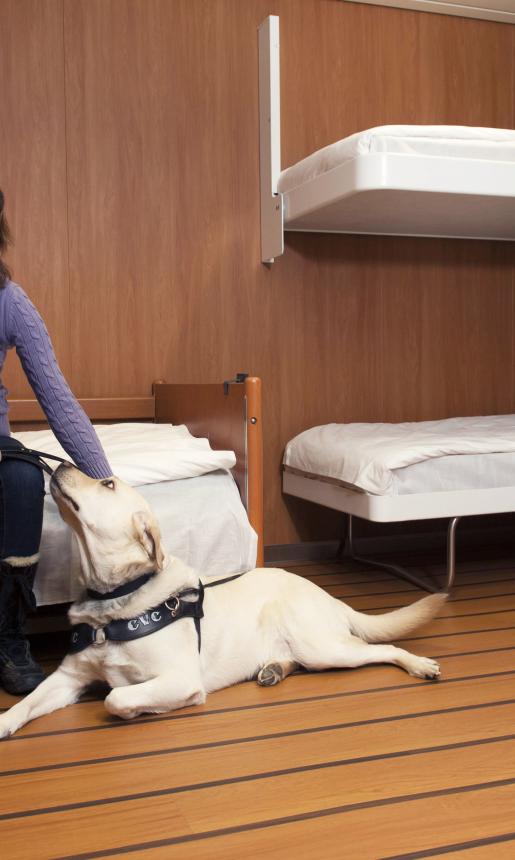 woman sits on bed with service dog on floor beside her