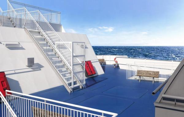 Open-air sun deck with wooden benches, white railings, and a view of the open ocean